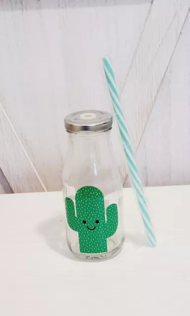 Nuevo en caja mini botella de leche y paja de vidrio Sass & Belle Happy Cactus