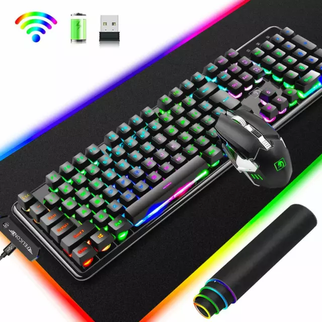 Wireless Gaming Keyboard Mouse and RGB Mat Bundle LED Backlit For PC Xbox Laptop