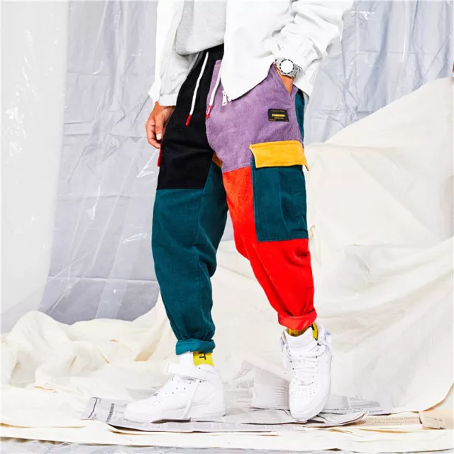Pantaloni da carico blocco colore patchwork pantaloni in velluto a coste uomo jogger streetwear