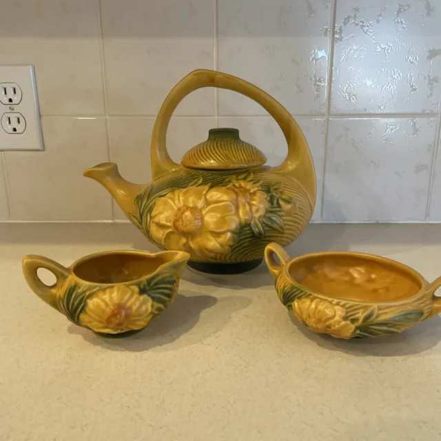 Roseville Yellow Peony #3 Tea Set Teapot w/Lid Sugar & Creamer 1940's Perfect!