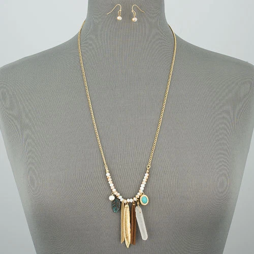 Gold Chain Metal Feather Clear Cut Stone Tassel Pendant Necklace With Earrings