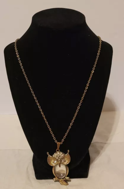 Vintage Gold Tone Rhinestone 2" Crystal Owl 25" Statement Necklace