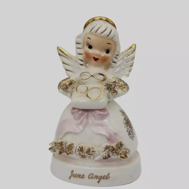 Vintage Napco Ceramic June Birthday or Wedding Angel Rings Figurine A1366 1950s