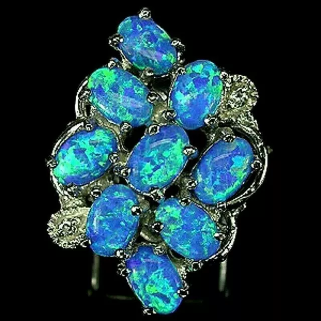 Ring Blue Lab Created Opal Cluster Solid Sterling Silver Size M 1/2  US 6.5