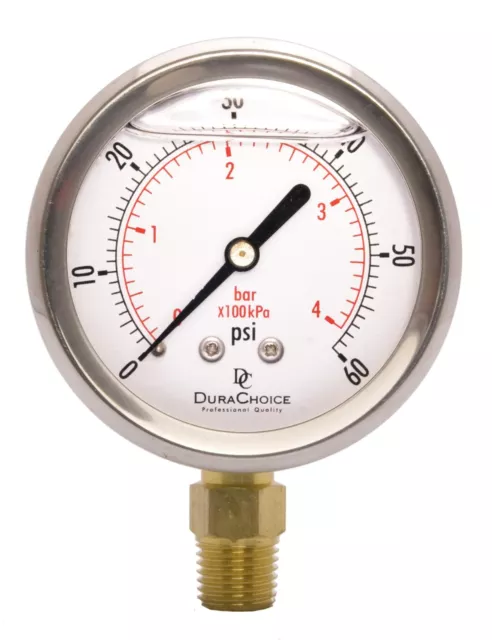 2-1/2" Pressure Gauge - Stainless Steel Case, 1/4"NPT, Lower Mnt. 0-60PSI