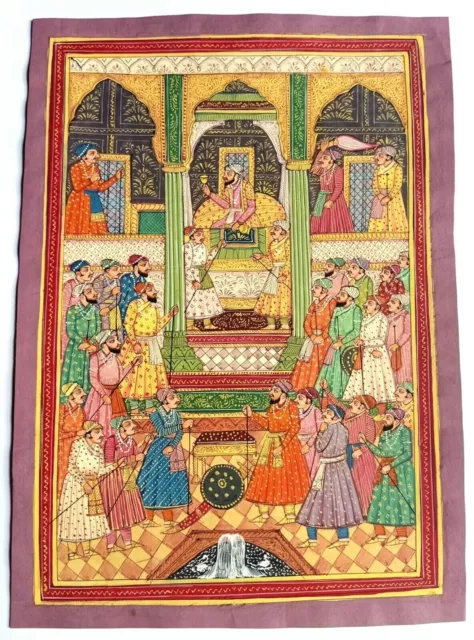 Old Mughal Badshah Court Scene Handmade Miniature Artwork On Old Paper