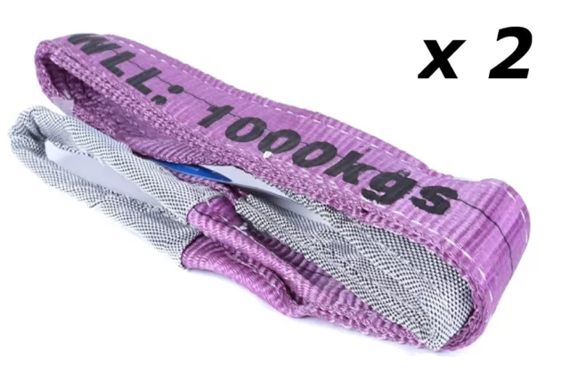 (2 Pack) 1T x 2 Metre Flat Lifting Slings Test Certificate 100% Polyester 1000Kg