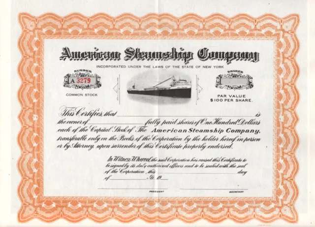 American Steamship Company - Original Stock  Certificate - Unused - A3279