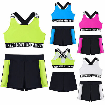 Girls Active Sports Crop Top Shorts Outfit Gym Yoga  Tracksuit Dancewear Costume