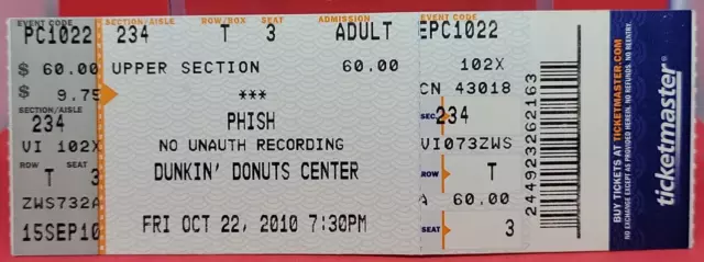 USED PHISH Concert Ticket Stub Dunkin Donuts Center 2010 Fri Oct 22 Providence