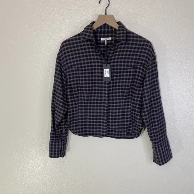 Rag & Bone NWT Iris Black/Pink Plaid Flannel Button Down Cropped Blouse XS