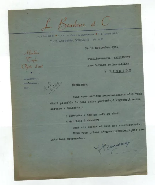 SOISSONS (02) MEUBLES TAPIS OBJETS d'ART "L. BOUDOUX" Lettre en 1948