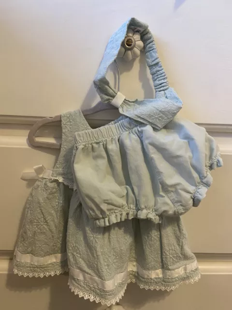 Catherine Malandrino Baby Mint Green Outfit size 3-6M Dress, Bloomers Hairband.