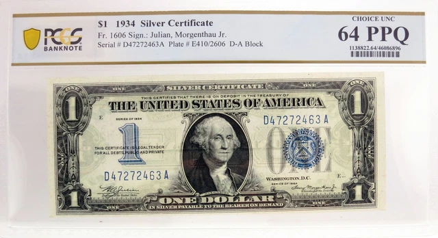 Series Of 1934 $1 Silver Certificate Funny Back Fr#1606 PCGS Ch UNC 64 PPQ