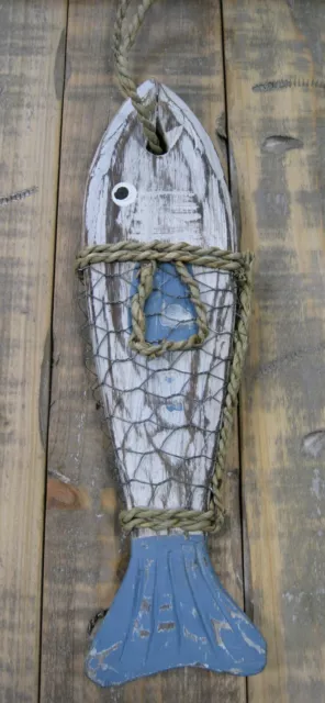 Fisch im Drahtnetz zum Hängen maritime Deko Shabby weiß blau Strand Meer See