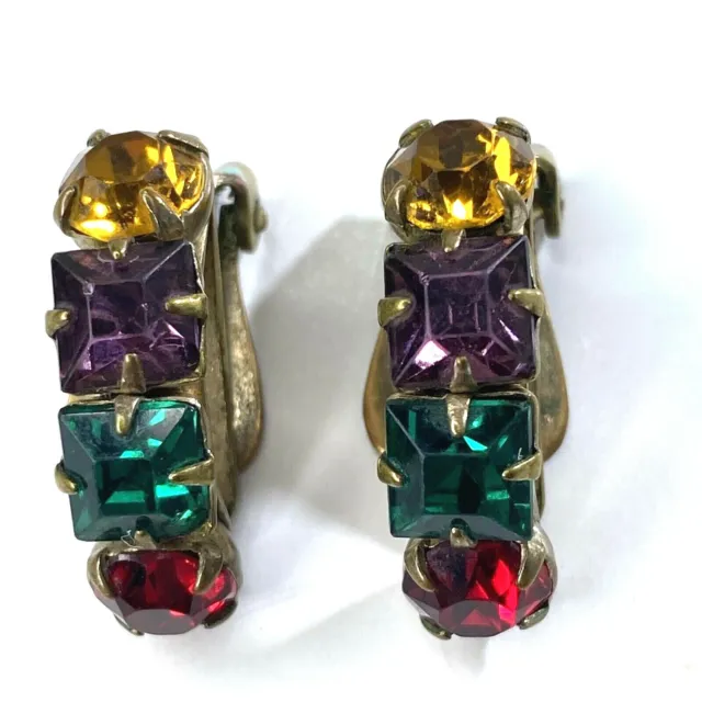 Multicolor Rhinestones Clip On Earrings Gold Tone Unbranded 3/4 Inch
