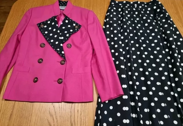 Cerise Pink Polka Dot vintage two piece skirt jacket suit size 8-10 Mansfield