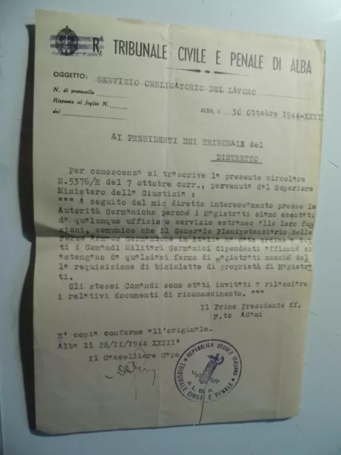 Lettera dattiloscritta "TRIBUNALE CIVILE E PENALE DI ALBA R.S.I." 1944