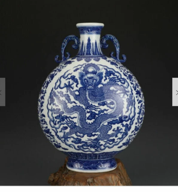 Estate China Qing QianLong Blue&white Porcelain Dragon Flat Vase, 99c no reserve