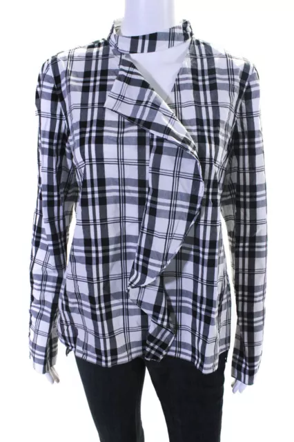 Derek Lam 10 Crosby Womens Ruffled V Neck Plaid Shirt Black White Cotton Size 8