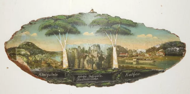 Holzbild Baumscheibe Lithografie Sächsische Schweiz um 1900-30 Andenken Souvenir