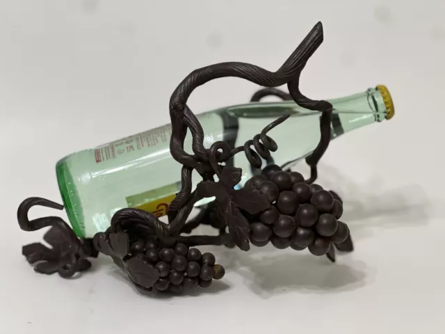 Vintage Heavy Wrought Iron Wine Bottle Cradle Grape Clusters Vines leaves