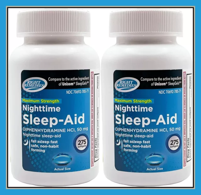 RIGHT REMEDIES Difenhidramina HCI, 50 mg Ayuda para dormir nocturno-550 cápsulas blandas-NUEVO