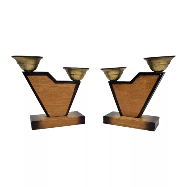 Vintage Art Deco Candle Holders Candelabra Bauhaus Mid-Century Wood Brass