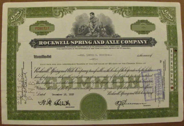 Stock certificate Rockwell-Standard Corporation Less Than 100 State of Delaware