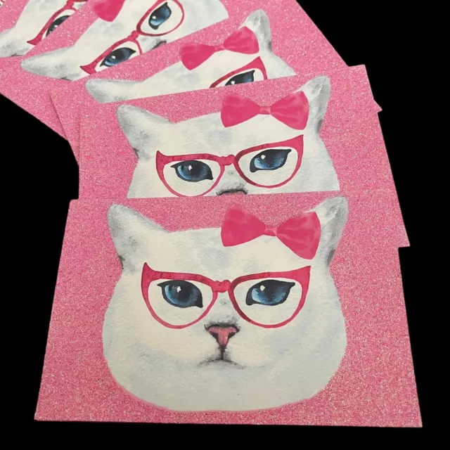 Cat Notecards Cards Stylish Kitten White Kitty Pink Bow Blue Eyes Glitter Blank