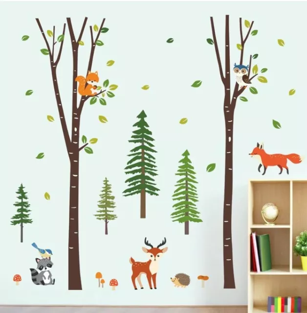 Nursery Woodland Fox Deer Birch Tree Wall Stickers Decal Pine Tree Baby Room
