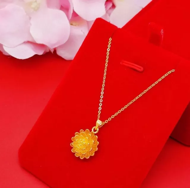 Pendentif fleur plaqué Or 24k 5gr collier chaîne 45 cm poinçon 999 présent