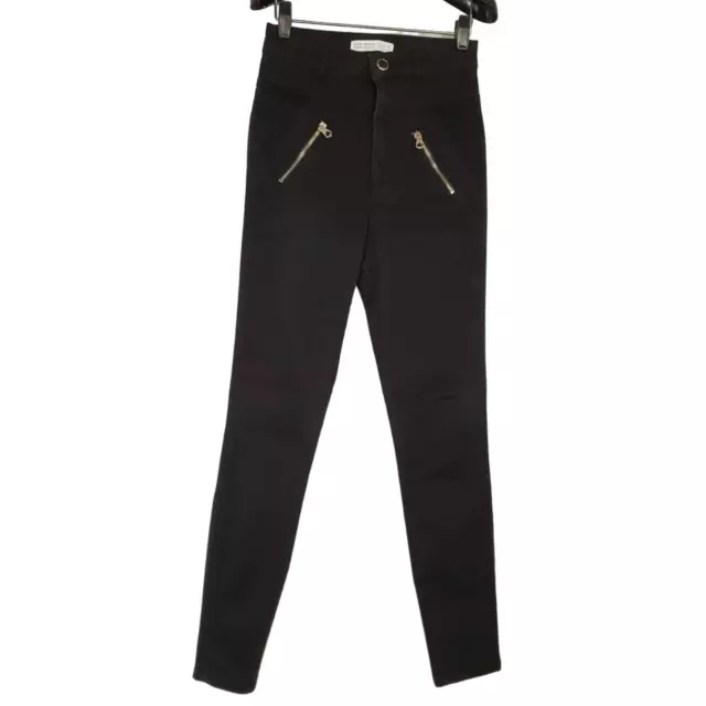 Zara Basic Z1975 Denim The Skinny Moto Zipper Pocket Black Jeans Womens Size 4