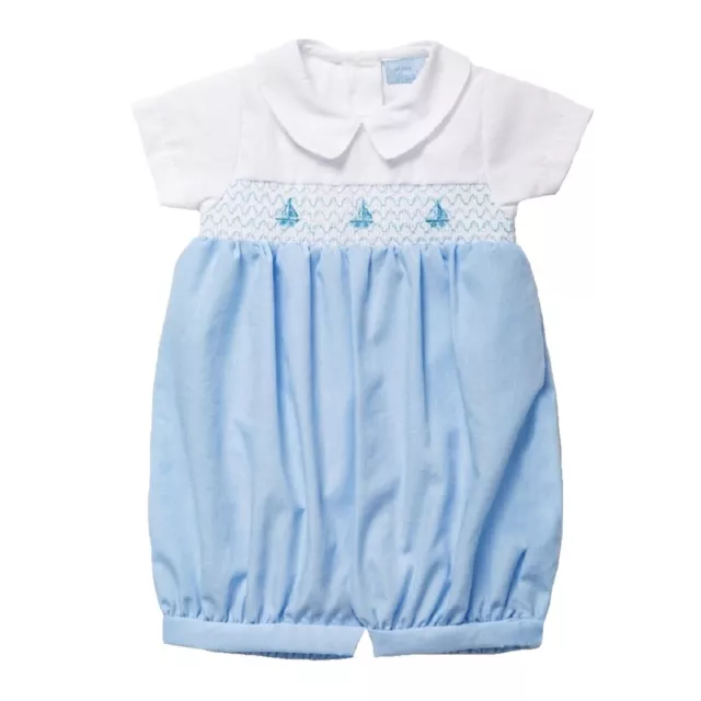 Baby Boy Spanish Romany Style Romper Suit Smocked Babygrow Blue White Outfit NEW 2