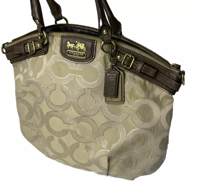 Coach Madison Op Art Metallic Outline Lindsey Satchel Brass Light Khaki 18635