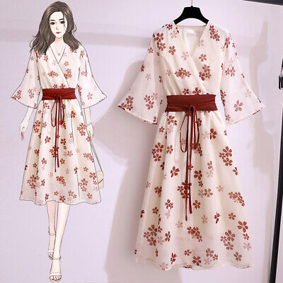 Women Japanese Belted Long Dress Kimono Yukata Floral Sakura Printed V Neck