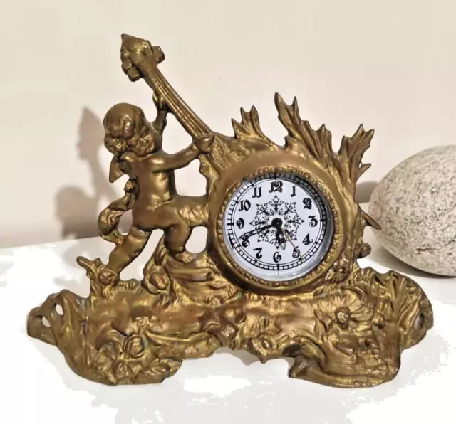 Horloge de cheminée en laiton antique avec ange Chérubin vintage