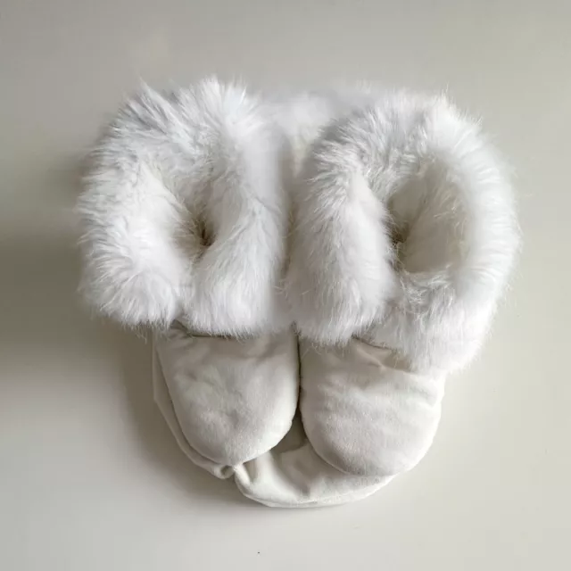 RESTORATION HARDWARE Velvet + Faux Fur Bootie Slippers w/ Bag :  White, Small S