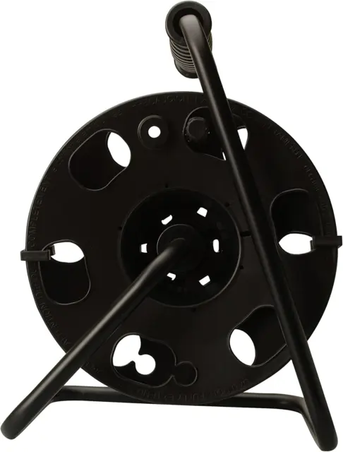 Carrete de cable de extensión de metal Woods 22849 con soporte en negro, resistente, ajuste rápido y