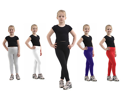 Kids Full Length Leggings Girls Plain Cotton Stretchy Party Pants 1-13 Years