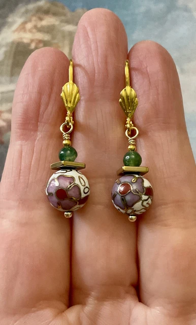 Boucles D'Oreilles Anciennes En Jade Et Émaux Cloisonnés - Plaqué Or - Style Vintage