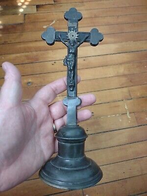 Antique French metal and wood Standing  Cross Jesus Crucifix symbols 12"