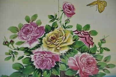 4 Pc Vintage Flower Basket & Butterfly Fine Colorful Ceramic Tiles Set, Japan 3