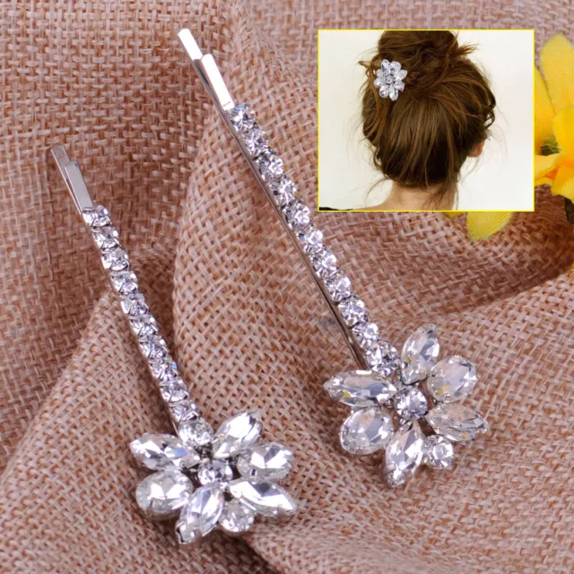 2 Diamante Flower Crystal Hair Grips Barrette Clips Slide pour Bridal Wedding Nm