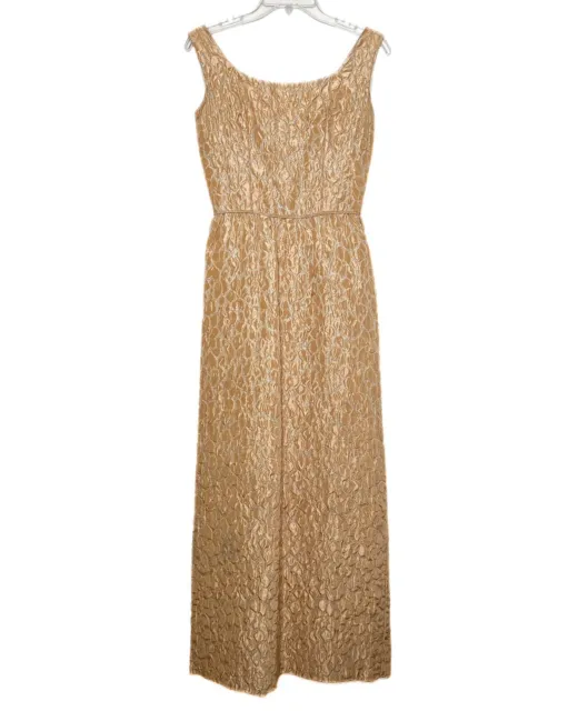 Vintage S 60s Gold Brocade Evening Formal Dress Sleeveless Sparkle Mid Century