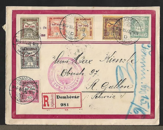 Hungary Dombovar To Switzerland Registered Ovpt Stamps On Censor Cover 1920