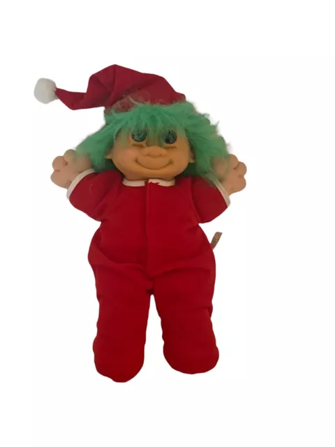 8" Large Russ Troll Doll Christmas Santa Red Hat & Footed PJs Green Hair Plush