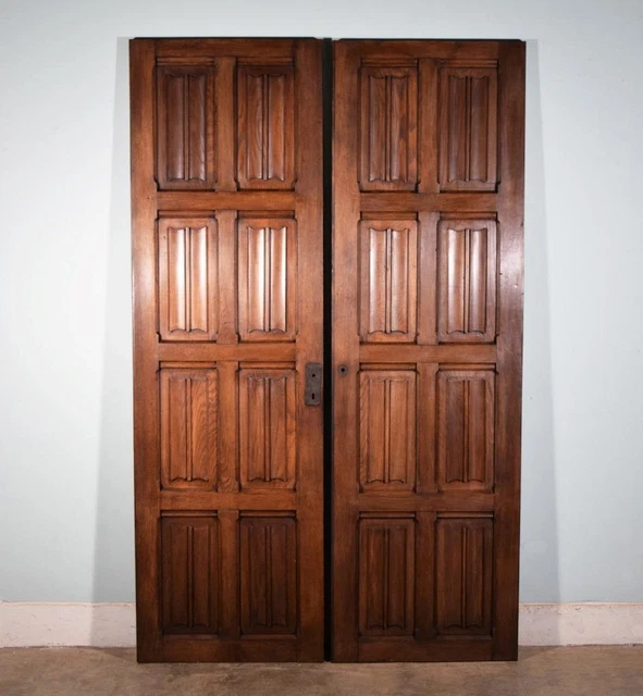 *Pair of Large 93" Tall French Gothic Antique Solid Oak Wood Doors Architectural