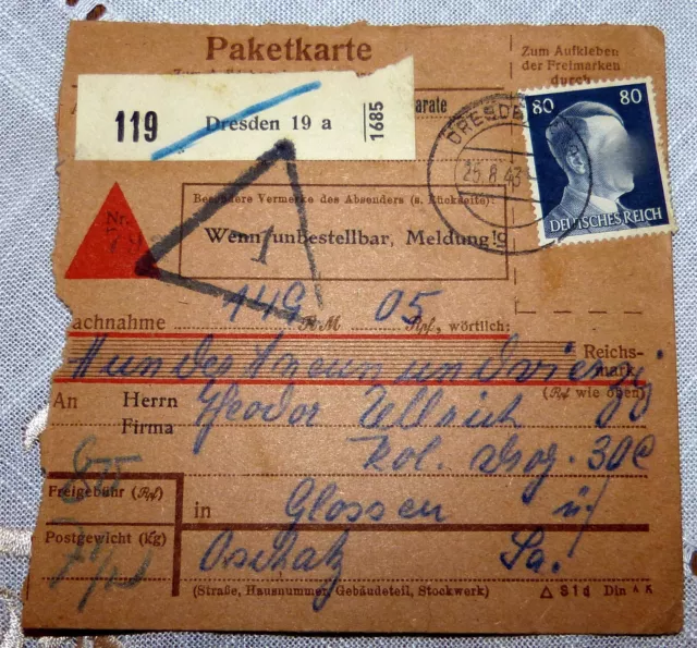 Paketkarte 119 Dresden 19 1943 EF Deutsches Reich Paket Karte (3082
