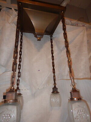 Mission Arts & Crafts Brass Flush Mount Fixture Chandelier Frosted Grape Shades